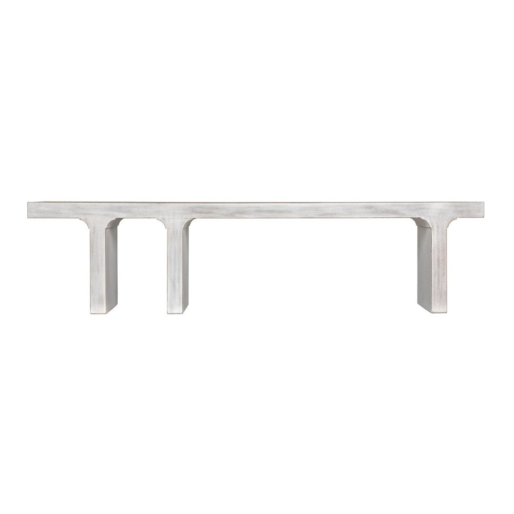 Kir Bench, White Wash, shown in white and off-white with wood and long backless bench seating.