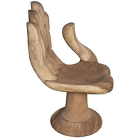 Additional view of Buddha Chair, featuring lightly distressed, solid wood, and contoured palm seat bowl.