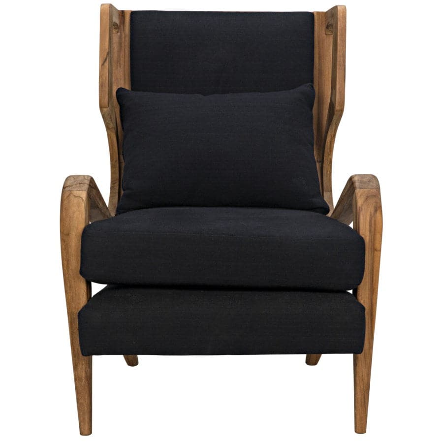 Carol Lounge Chair, shown in black and natural teak brown with teak wood, cotton-linen fabric, and fixed arms.