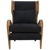 Carol Lounge Chair, shown in black and natural teak brown with teak wood, cotton-linen fabric, and fixed arms.