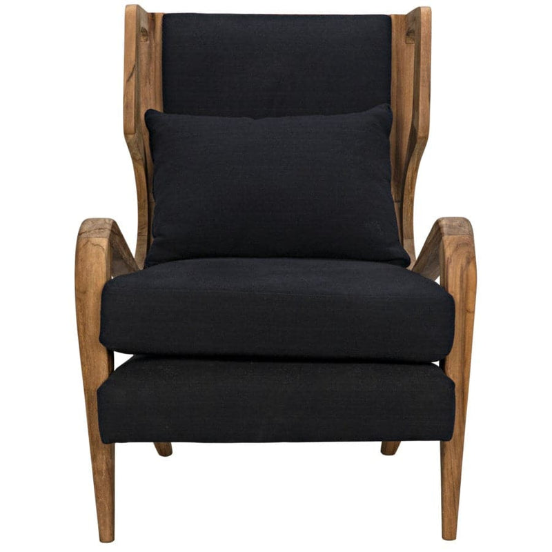 Carol Lounge Chair, shown in black and natural teak brown with teak wood, cotton-linen fabric, and fixed arms.