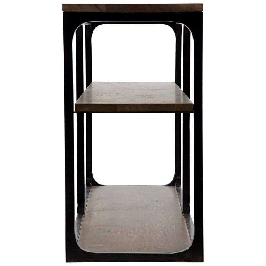 Additional view of Large Novie Console in black and light natural wood, featuring three-tier open shelving.