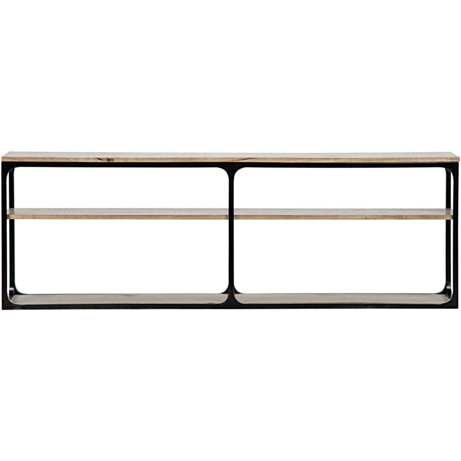 Alternate view of Large Novie Console, featuring iron, wood, and three-tier open shelving.