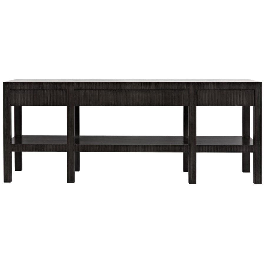 Conrad Console, shown in charcoal and ebony with wood and mahogany.