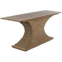 Alternate view of Cambio Console, featuring matte natural grain, walnut wood, solid wood, and fixed sculptural pedestal base.