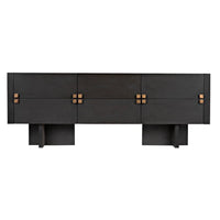 Amidala Sideboard, shown in charcoal black and matte black with wood, brass, and multiple stacked drawers.