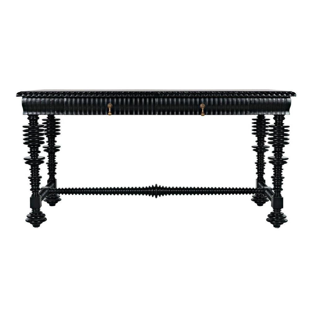 Portuguese Desk, Small (60"), shown in black with wood and two front drawers with pulls.