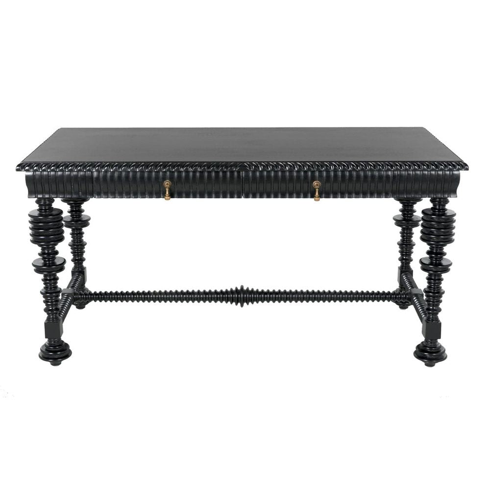Additional view of Portuguese Desk, Small (60"), featuring glossy lacquer, wood, and two front drawers with pulls.