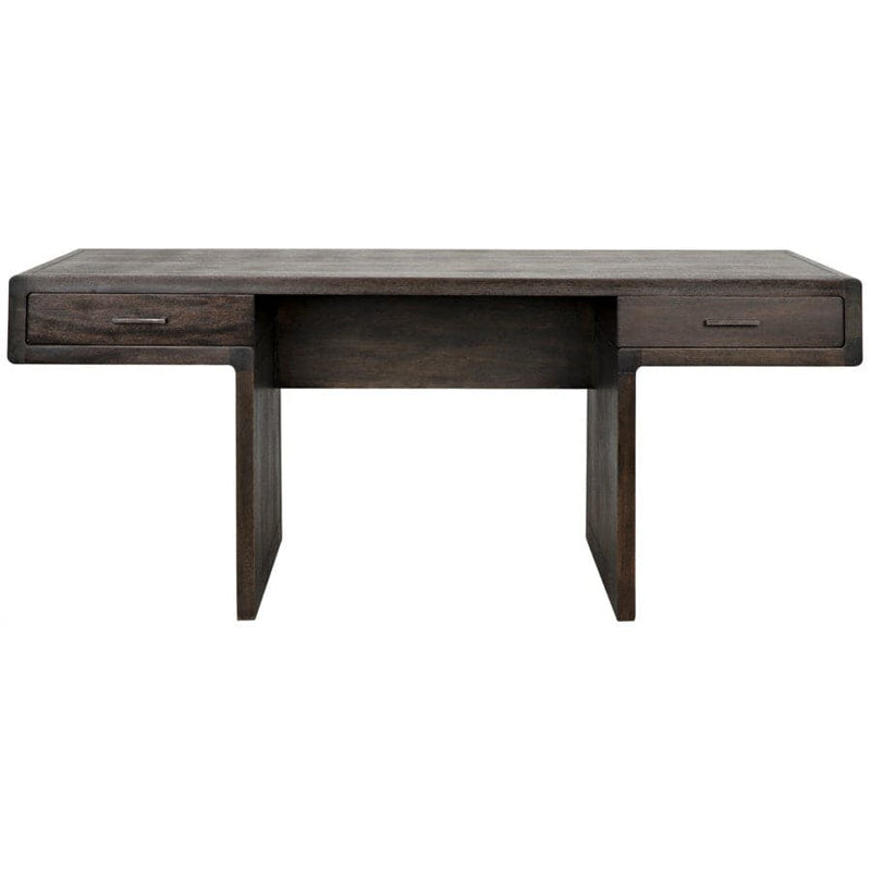 Degas Desk, shown in dark brown and espresso with wood, metal, and two side drawers with slim bar pulls.