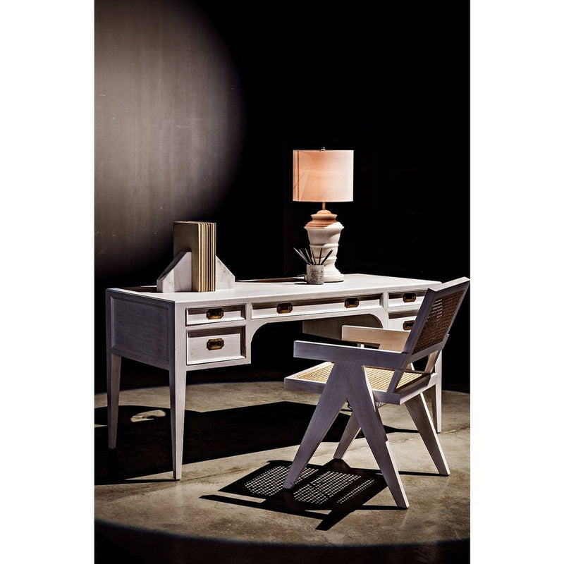 Alternate view of Africa Desk, featuring whitewash finish, wood, metal, and kneehole writing recess.