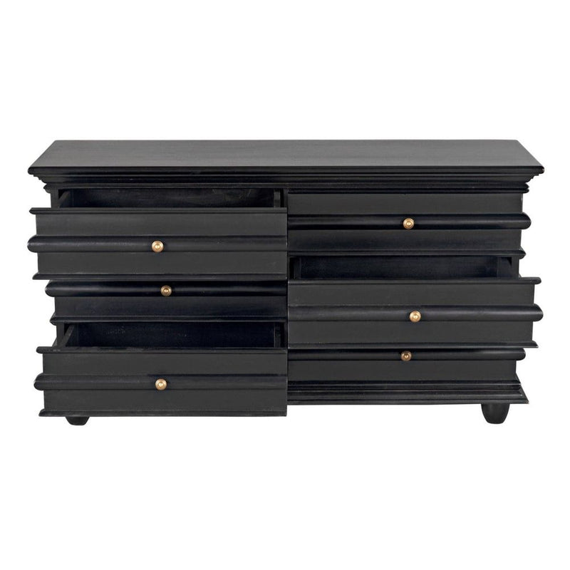 Alternate view of Ascona Chest, featuring painted matte finish, wood, brass, and six drawers in two columns of three.