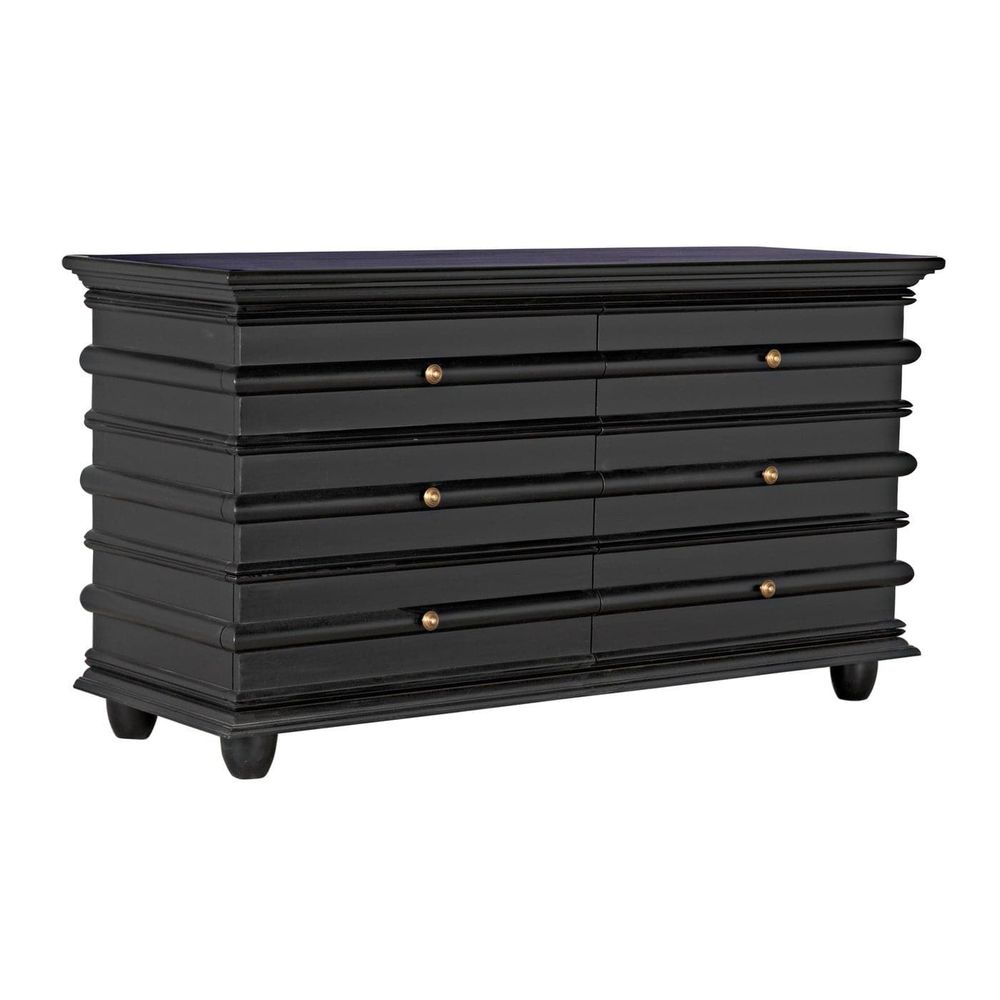 Ascona Chest, shown in black with wood, brass, and six drawers in two columns of three.