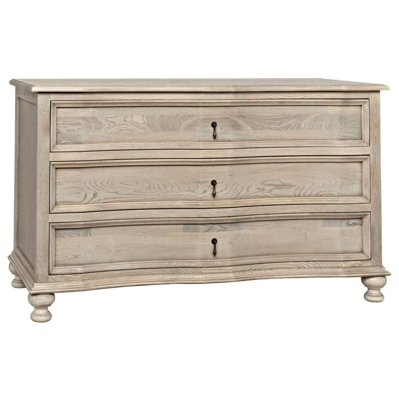 Alternate view of Curved Front 3 Drawer Chest in light greige and pale taupe.