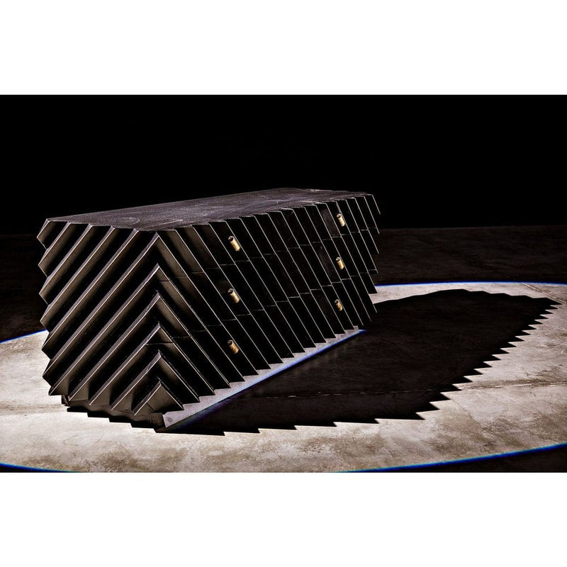 Alternate view of Hikaru Dresser, featuring textured ribbed finish, wood, metal, and integrated multi-drawer storage.