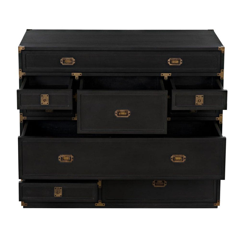 Alternate view of Charles Chest, featuring matte painted finish, wood, brass hardware, and ten mixed-size drawers.