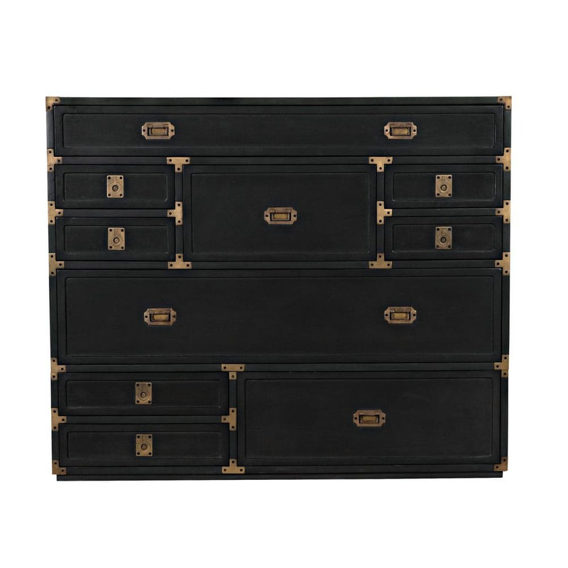 Charles Chest, shown in black with wood, brass hardware, and ten mixed-size drawers.