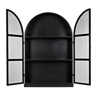 Alternate view of Yoke Hutch, featuring matte finish, iron, glass, and paired hinged glass-panel doors.