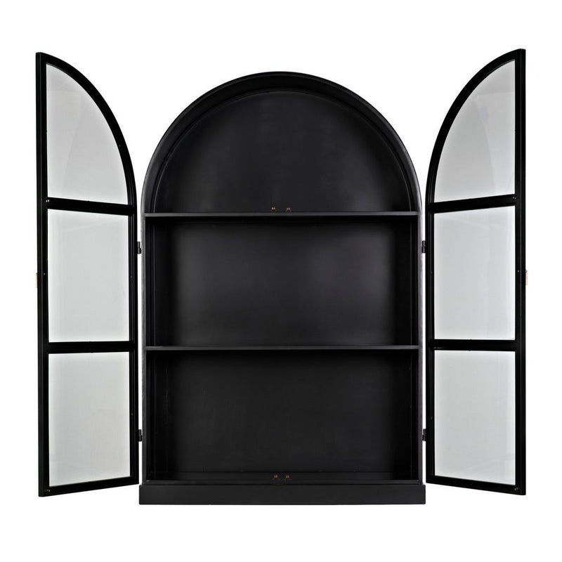 Alternate view of Yoke Hutch, featuring matte finish, iron, glass, and paired hinged glass-panel doors.