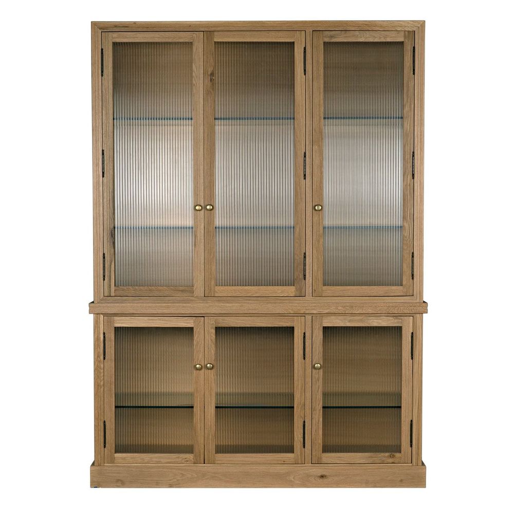 Chester Display Cabinet and Hutch, shown in natural light oak and warm beige with white oak and glass.