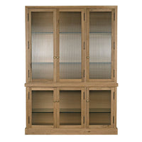 Chester Display Cabinet and Hutch, shown in natural light oak and warm beige with white oak and glass.