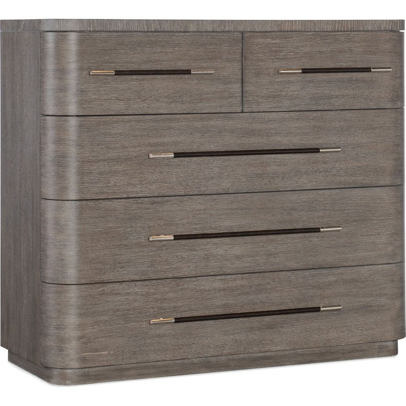 Modern Mood Bachelors Chest, shown in gray-brown with wood, metal, and five drawers.