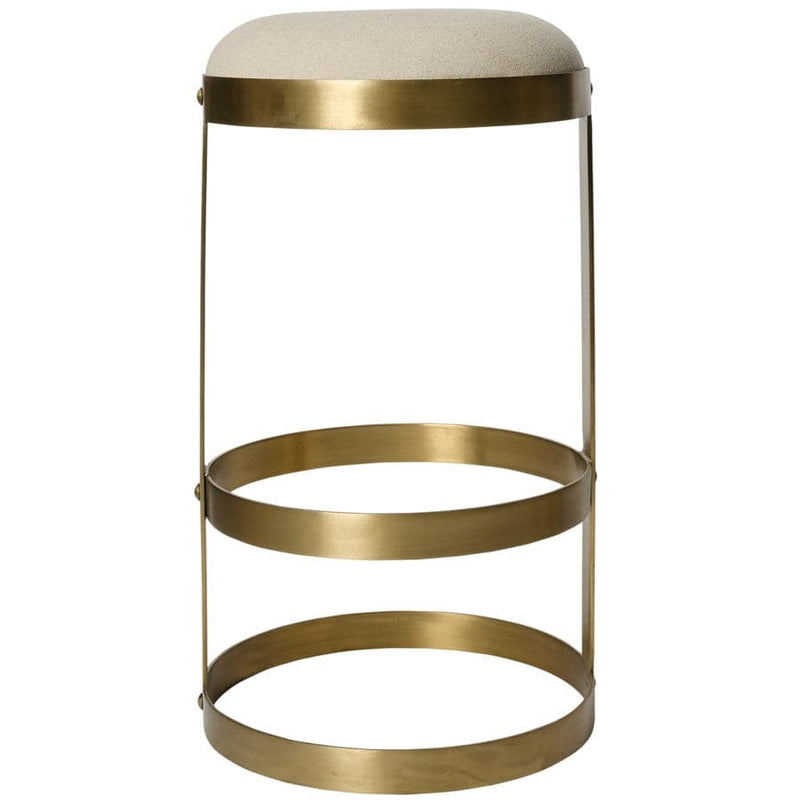 Dior Bar Stool, Antique Brass, shown in antique brass and beige with metal and linen fabric.
