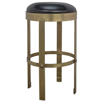 Prince Stool with Leather, Brass Finish, shown in black and antique brass with vegan leather and metal.