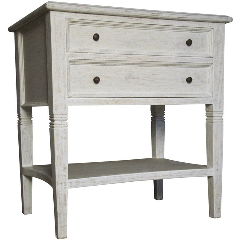 Alternate view of Oxford 2-Drawer Side Table, featuring whitewash finish, wood, metal, and two full-width drawers.