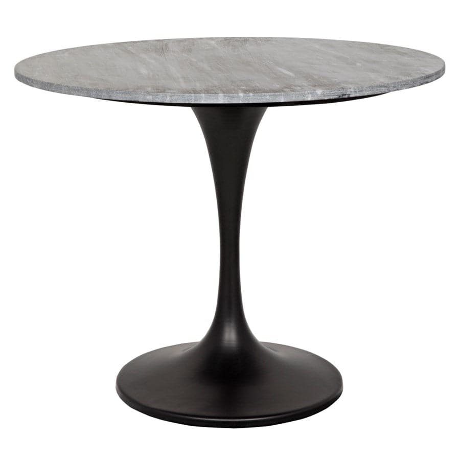 Laredo Bistro Table, shown in gray and black with stone, metal, and a single pedestal base.