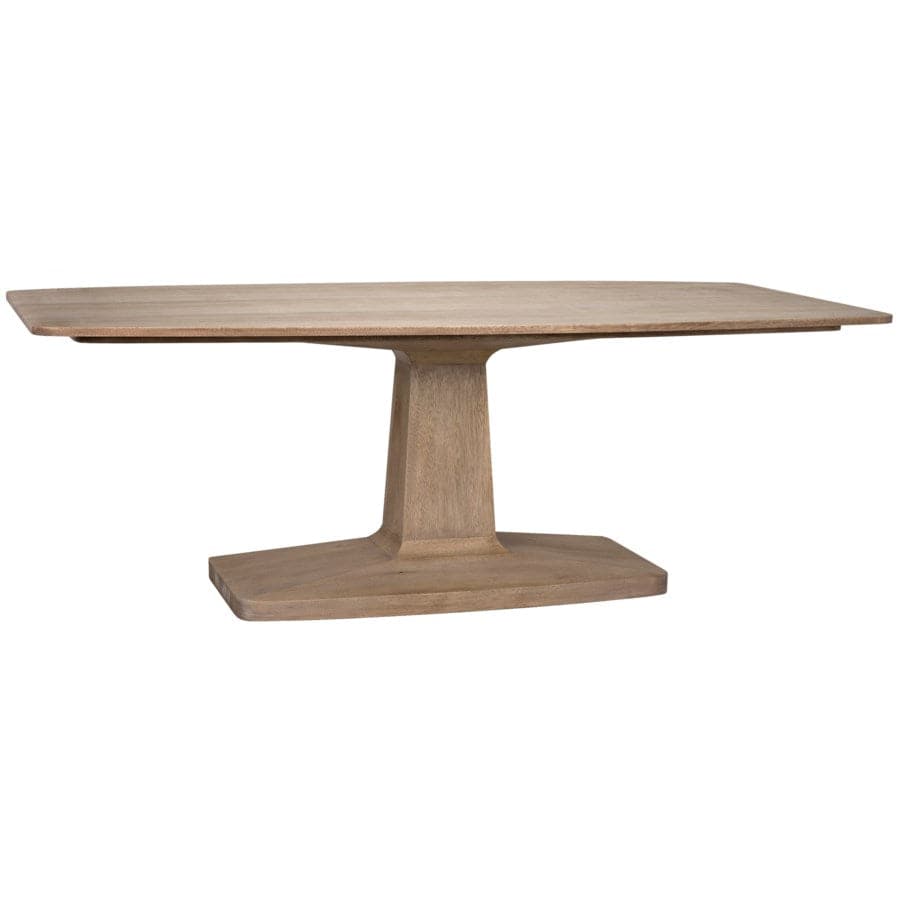 Additional view of Travis Dining Table in light walnut brown and warm taupe, featuring a single central pedestal base.