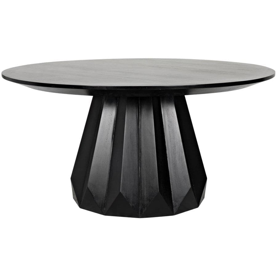 Brosche Dining Table, shown in black and charcoal with mahogany, wood, and a central pedestal base.