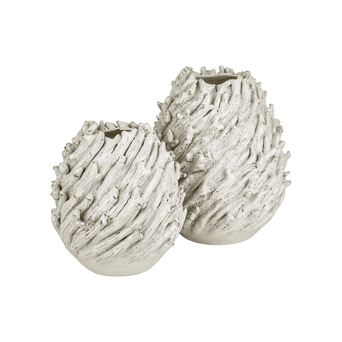 Seadrift White Vase, shown in white with ceramic and open circular mouth for floral or stem arrangements.