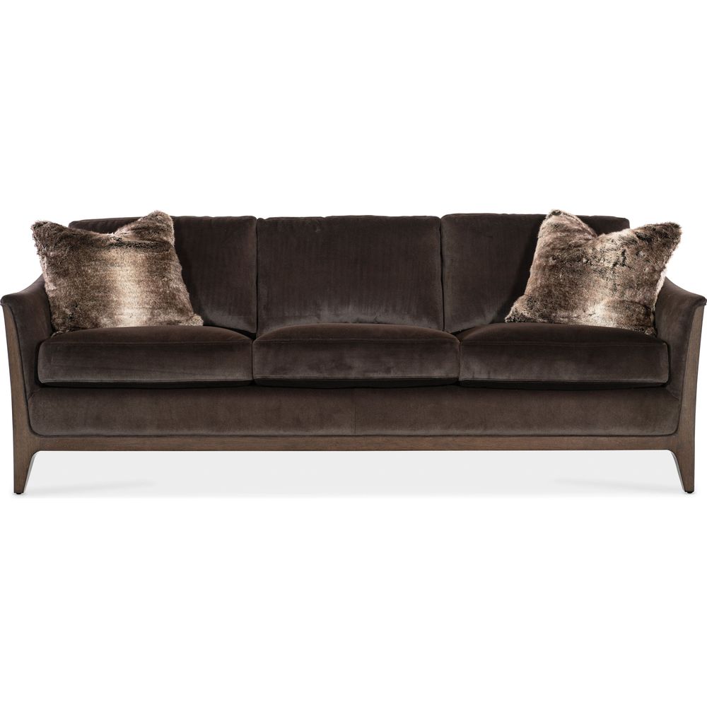 SoPower Headrestia Sofa, shown in dark brown and chocolate brown with velvet upholstery, wood, and fixed upholstered arms.