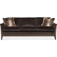 SoPower Headrestia Sofa, shown in dark brown and chocolate brown with velvet upholstery, wood, and fixed upholstered arms.