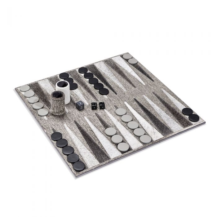 Hampton Backgammon Set, shown in gray and white with hair-on-hide, leather, and backgammon point layout.