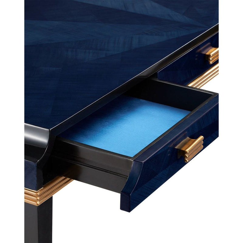 Alternate view of Kallista Large Blue Desk, featuring high-gloss lacquer, wood veneer, brass, and three flush drawers.
