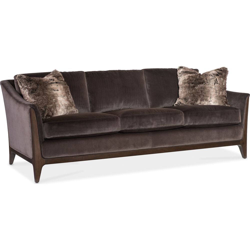 Additional view of SoPower Headrestia Sofa, featuring soft pile fur, velvet upholstery, wood, and fixed upholstered arms.