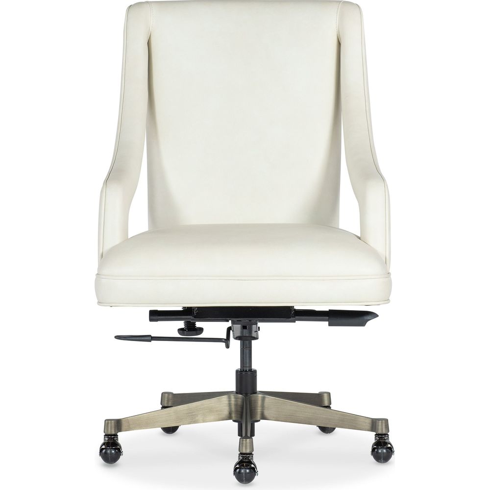 Meira Executive Swivel Tilt Chair, shown in ivory white and cream with leather, metal, and fixed upholstered arms.