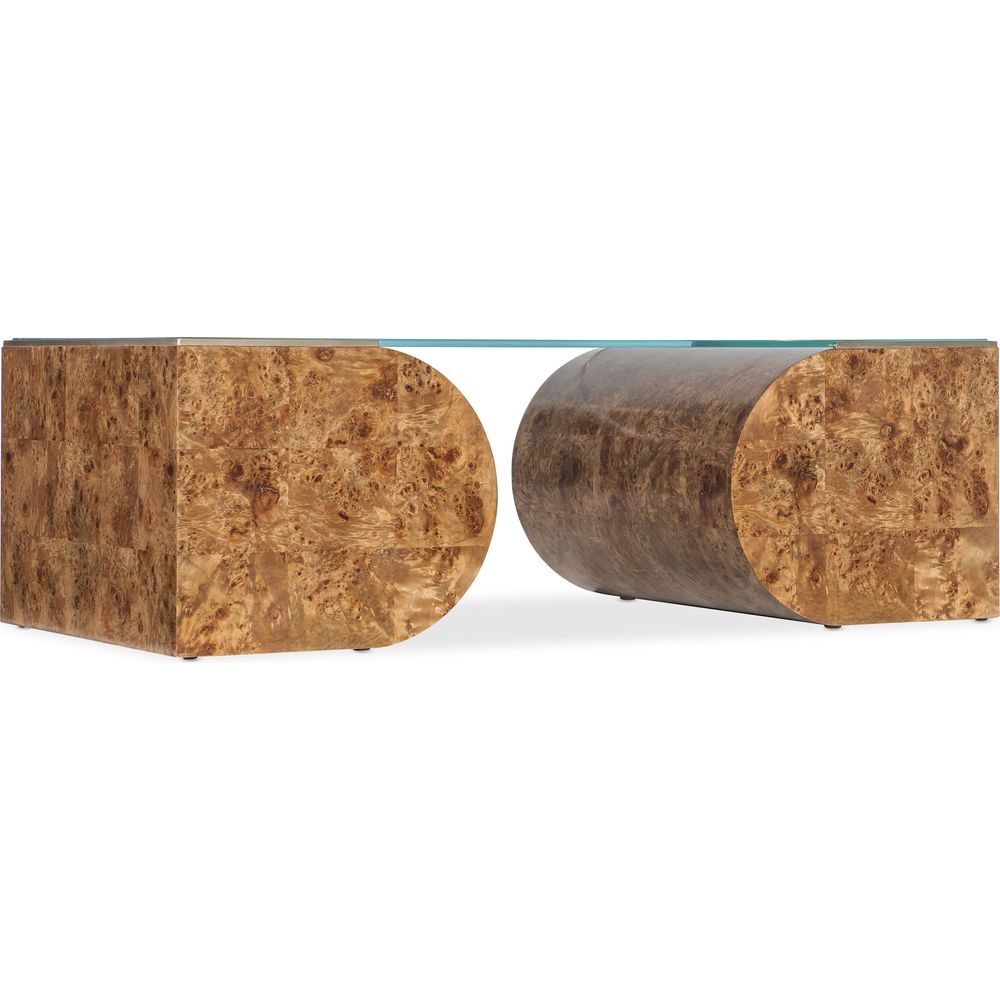 Melange Burlesque Coffee Table, shown in medium brown and golden amber with burl wood and tempered glass.