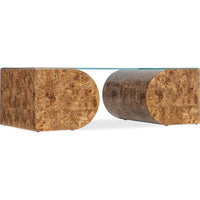 Melange Burlesque Coffee Table, shown in medium brown and golden amber with burl wood and tempered glass.