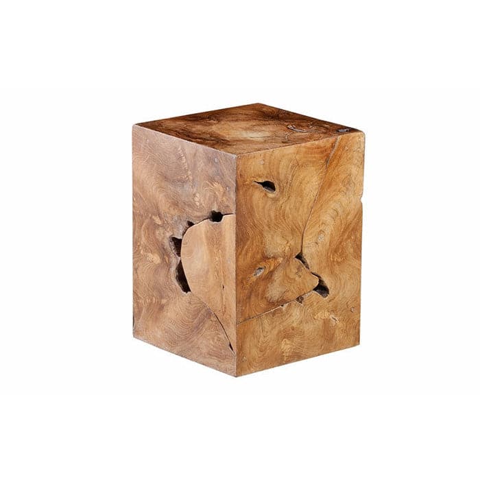 Renji Stool, shown in medium brown and golden tan with solid wood and solid cubic form.