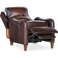 Carrington Power Recliner w/Power Headrest, shown in dark brown with leather, wood, and power reclining mechanism.