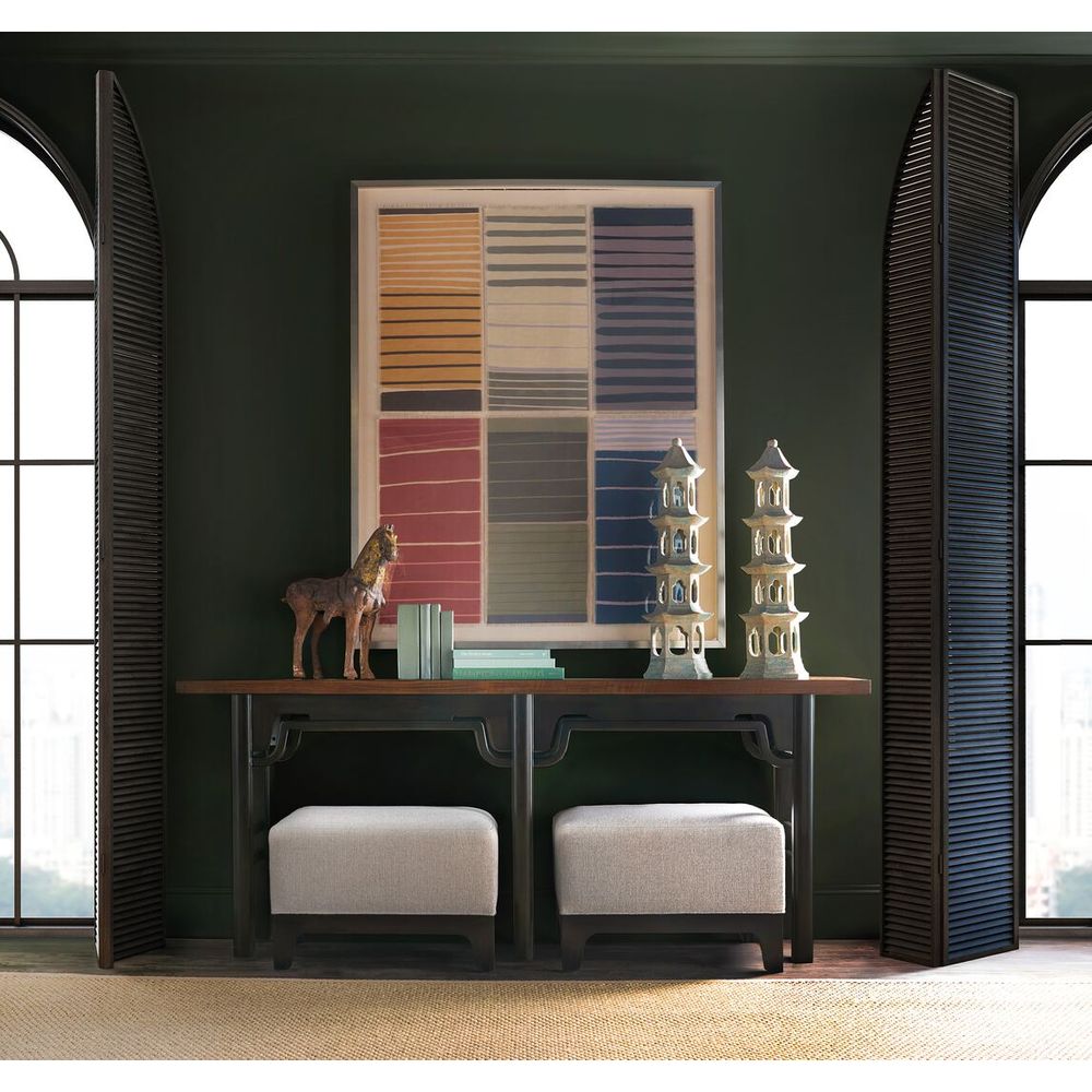 Alternate view of Archives Ottoman, featuring textured woven upholstery, fabric, wood, and fixed low rectangular seat.