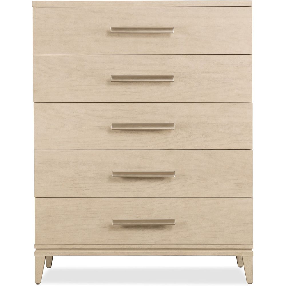 Westwood Five Drawer Chest, shown in light beige and warm taupe with wood, metal hardware, and five full-width drawers.