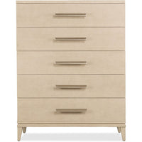 Westwood Five Drawer Chest, shown in light beige and warm taupe with wood, metal hardware, and five full-width drawers.