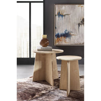 Alternate view of Melange Cirque End Table in beige and cream with circular top on flared radiating cross-slab pedestal base.