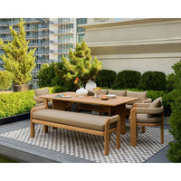 Alternate view of Palma Bench in light natural oak wood and beige taupe fabric.
