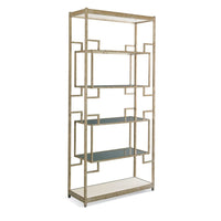 Channel Etagere, shown in champagne gold and platinum with metal, glass, and multi-tier open glass shelving.