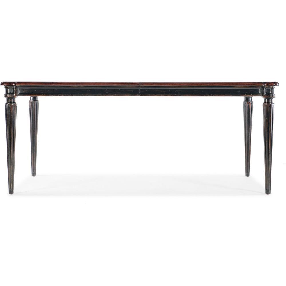 Charleston Rectangle Leg Dining Table w-2-22in leaves, shown in dark walnut brown and black with wood and veneer.