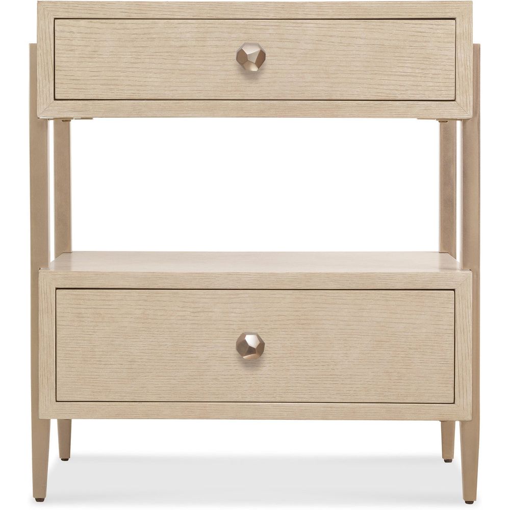 Westwood Two-Drawer Nightstand, shown in light beige and warm taupe with wood, metal, and two drawers.